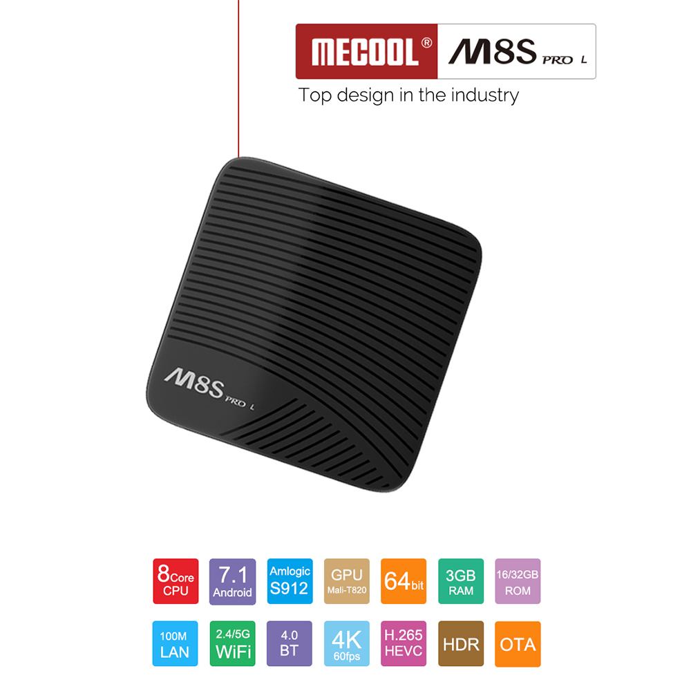 MECOOL M8S PRO L Android TV OS 3GB/16GB YouTube 4K TV Box with Voice Remote Netflix 720P Streaming Amlogic S912 KODI 17.3 802.11ac WiFi Bluetooth LAN HDMI