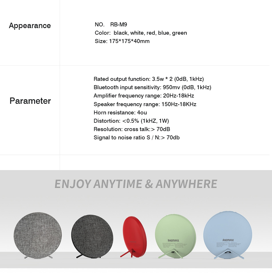 REMAX RB-M9 Fabric Wireless Bluetooth Speaker 3.5Wx2 Stereo HiFi - Blue