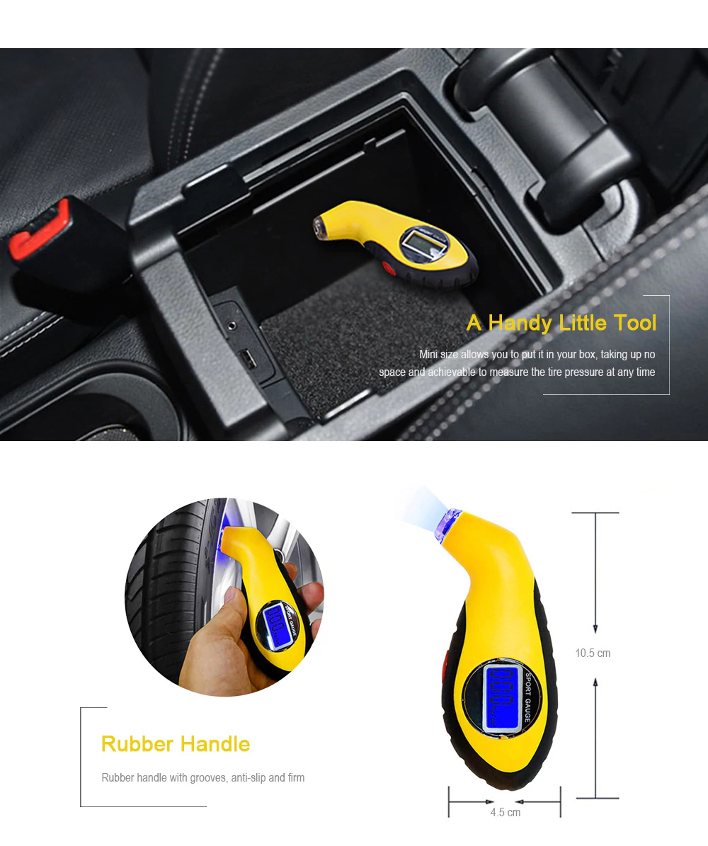 GL-0812 Tire Pressure Gauge Tester Digital LCD Screen With LED Light For Auto Car Motorcycle Wheels Tires - Yellow