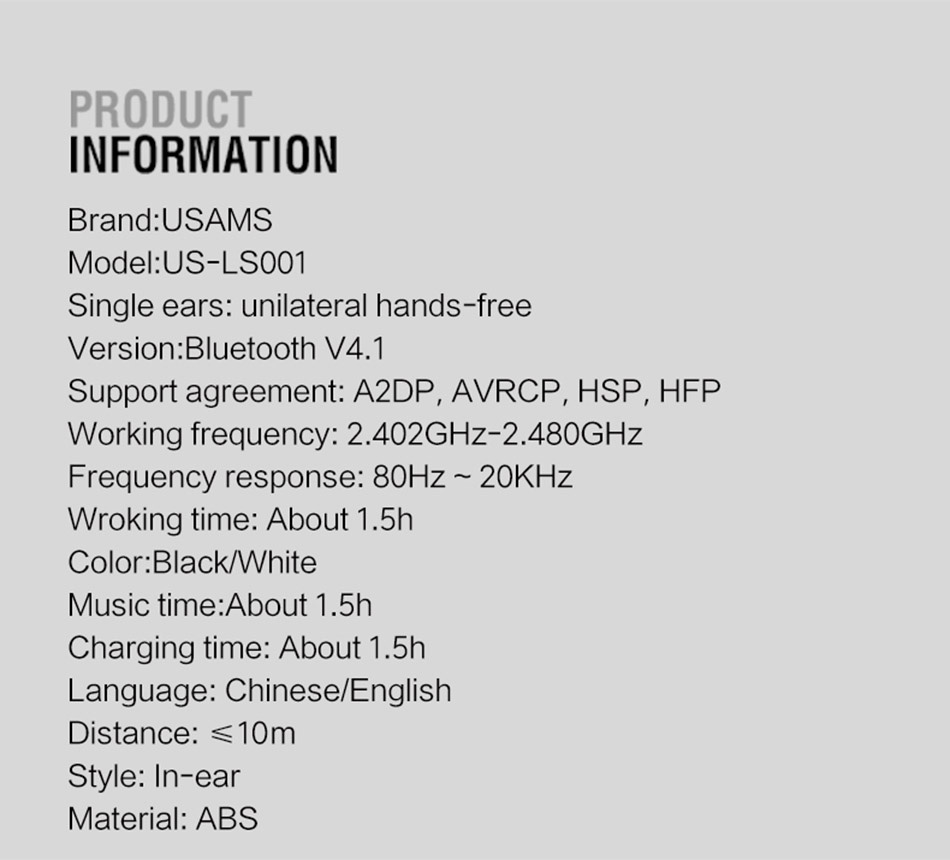 USAMS US-LS001 Wireless Bluetooth V4.1 In-ear Earphone with Mic 2in1 Smart Connect Noise Reduction - Black