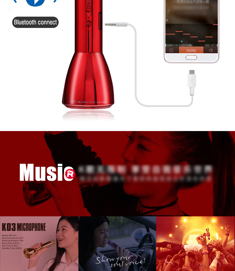 REMAX K03 Wireless Bluetooth Microphone Speaker Singing Record Song - Red