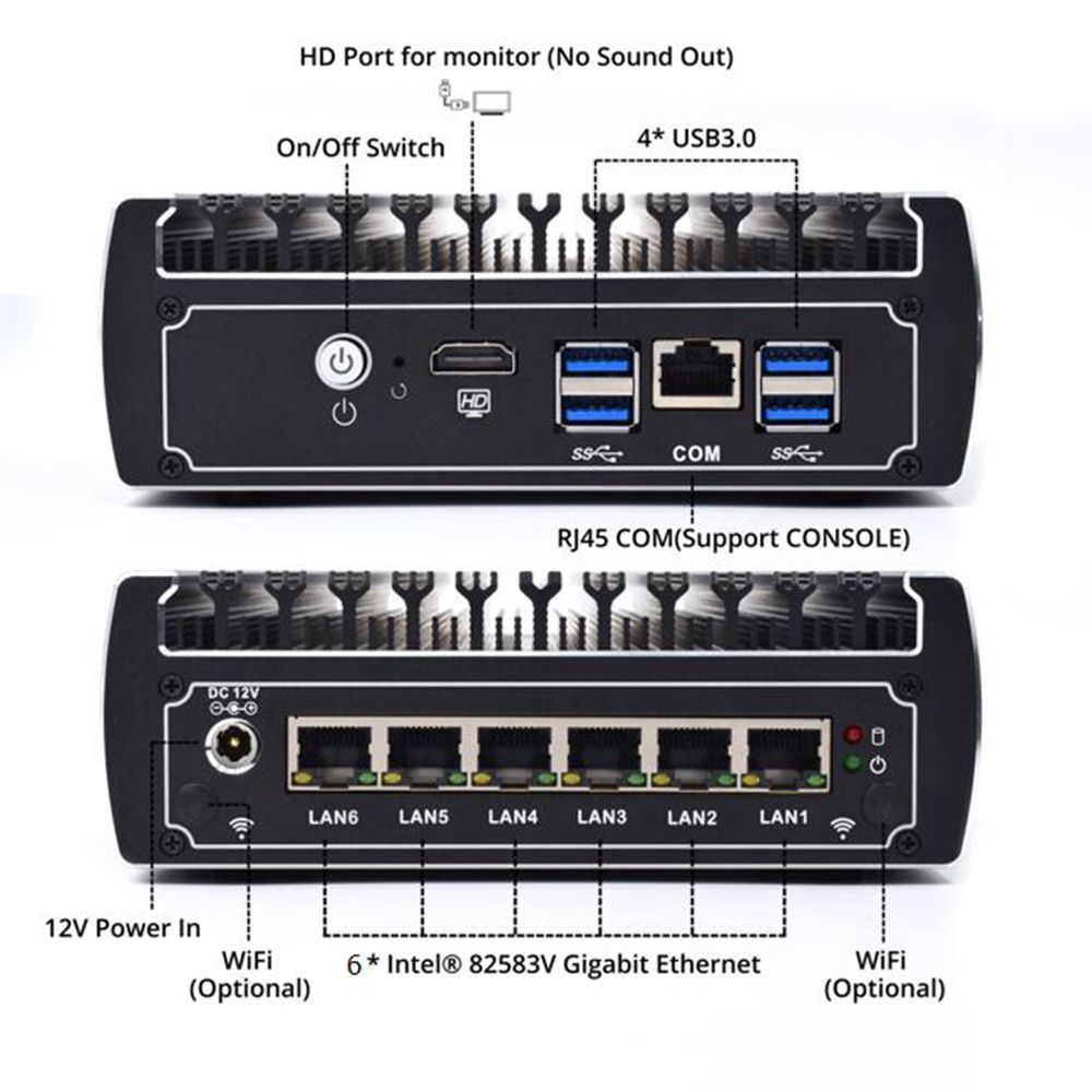 Hystou FMP07 Intel Celeron 3865U 4GB/64GB Fanless Mini PC 2.4G WiFi Bluetooth 6*Gigabit LAN 4*USB3.0 HDMI COM SATA3.0