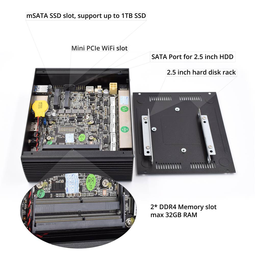 Hystou FMP07 Intel Core i3-7100U 4GB RAM 128GB SSD 4K Fanless Mini PC 2.4G WiFi Bluetooth 6*Gigabit LAN 4*USB3.0 HDMI COM SATA3.0