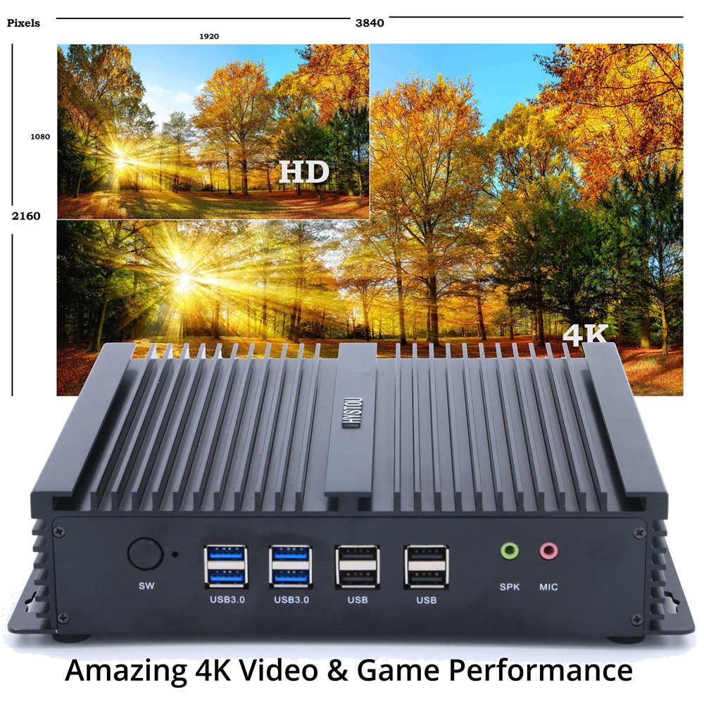 Hystou FMP04B Intel Core i7-5550U 8GB RAM 256GB SSD 4K Fanless Mini PC 2.4G WiFi Bluetooth Dual Gigabit LAN Dual HDMI 4*USB3.0 6*COM SATA