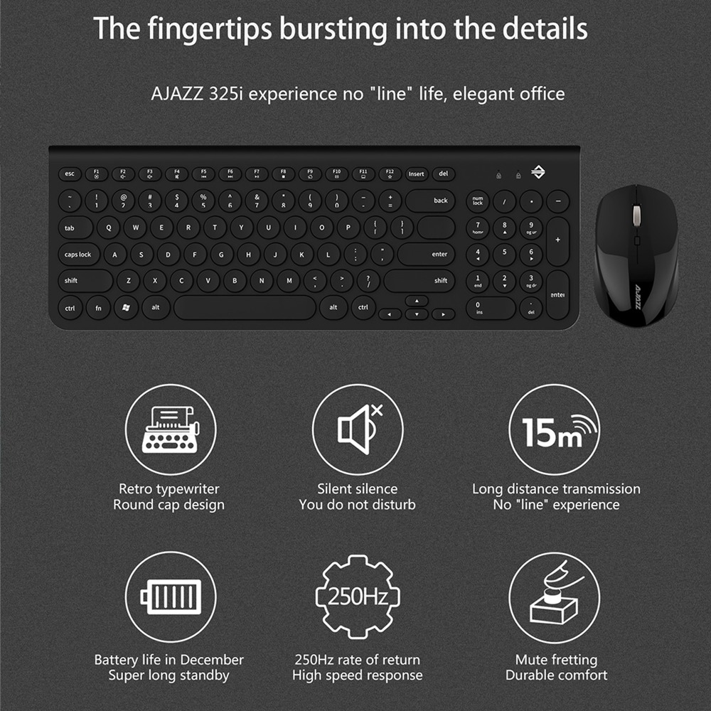 Ajazz 325I 2.4G Wireless Keyboard Wireless Mouse Kit Membrane Round Keycap 96 Keys Keyboard - Black