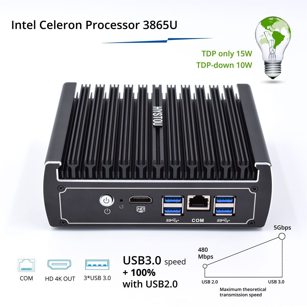 Hystou FMP07 Intel Celeron 3865U 4GB/32GB Fanless Mini PC 2.4G WiFi Bluetooth 6*Gigabit LAN 4*USB3.0 HDMI COM SATA3.0