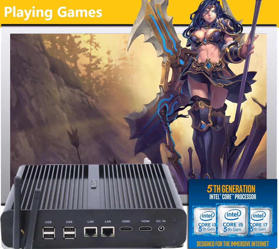 Hystou FMP05B Intel Core i7-5550U 4GB RAM 128GB SSD 4K Fanless Mini PC 2.4G WiFi Bluetooth Dual Gigabit LAN Dual HDMI 4*USB 3.0 SATA 3.0