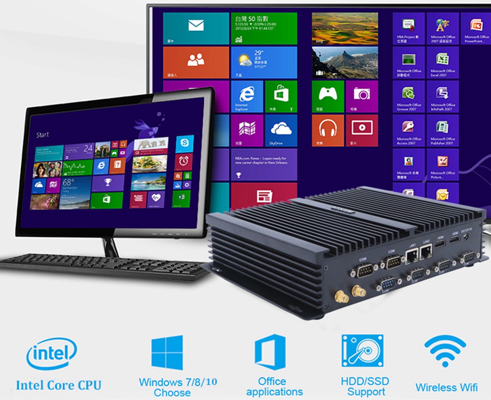 Hystou FMP04B Intel Core i7-5550U 8GB RAM 256GB SSD 4K Fanless Mini PC 2.4G WiFi Bluetooth Dual Gigabit LAN Dual HDMI 4*USB3.0 6*COM SATA