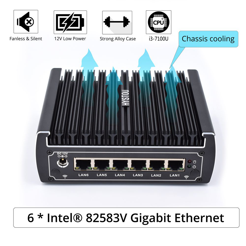 Hystou FMP07 Intel Core i3-7100U 4GB RAM 128GB SSD 4K Fanless Mini PC 2.4G WiFi Bluetooth 6*Gigabit LAN 4*USB3.0 HDMI COM SATA3.0