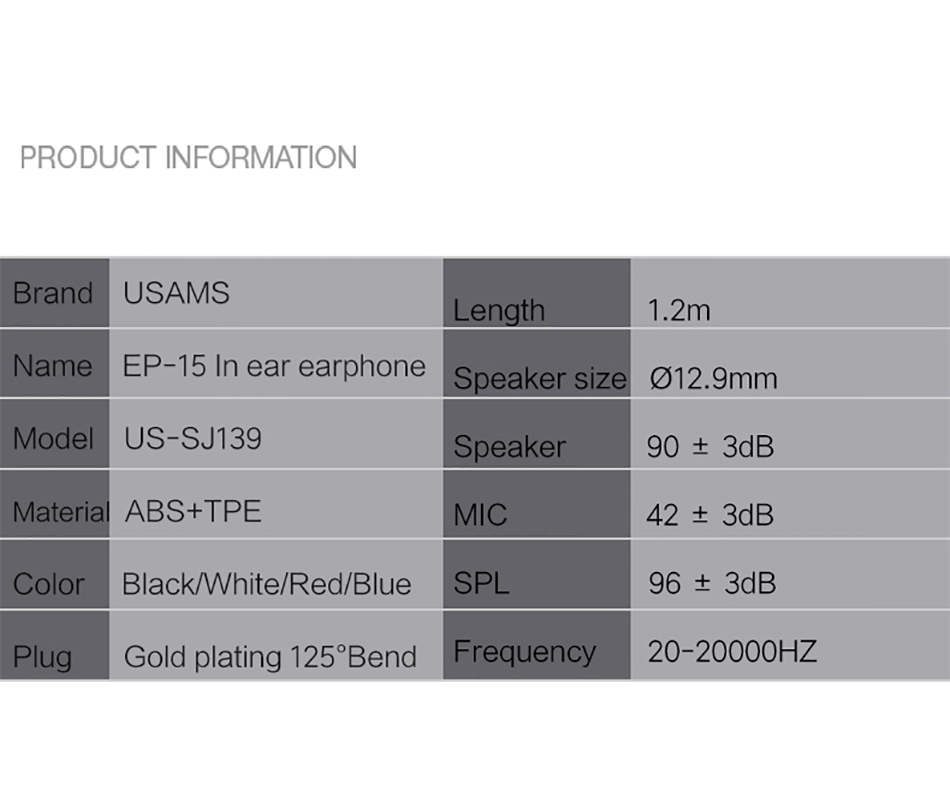 USAMS EP-15 In-Ear Earphone with Mic Wire Control 3.5mm AUX Noise Cancelling - White