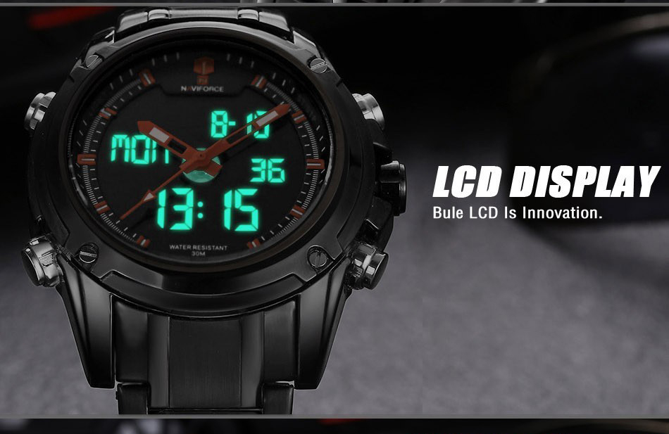 Naviforce 9050 Men Wrist Watch Water-resistant LED Digital Stainless Steel Band -Black+White