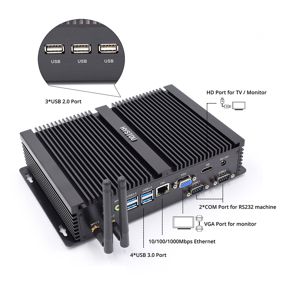 Hystou FMP04 Intel Core i3-5015U 4GB RAM 128GB SSD 4K Fanless Mini PC 2.4G WiFi Bluetooth Gigabit LAN 4*USB3.0 2*COM HDMI+VGA SATA3.0