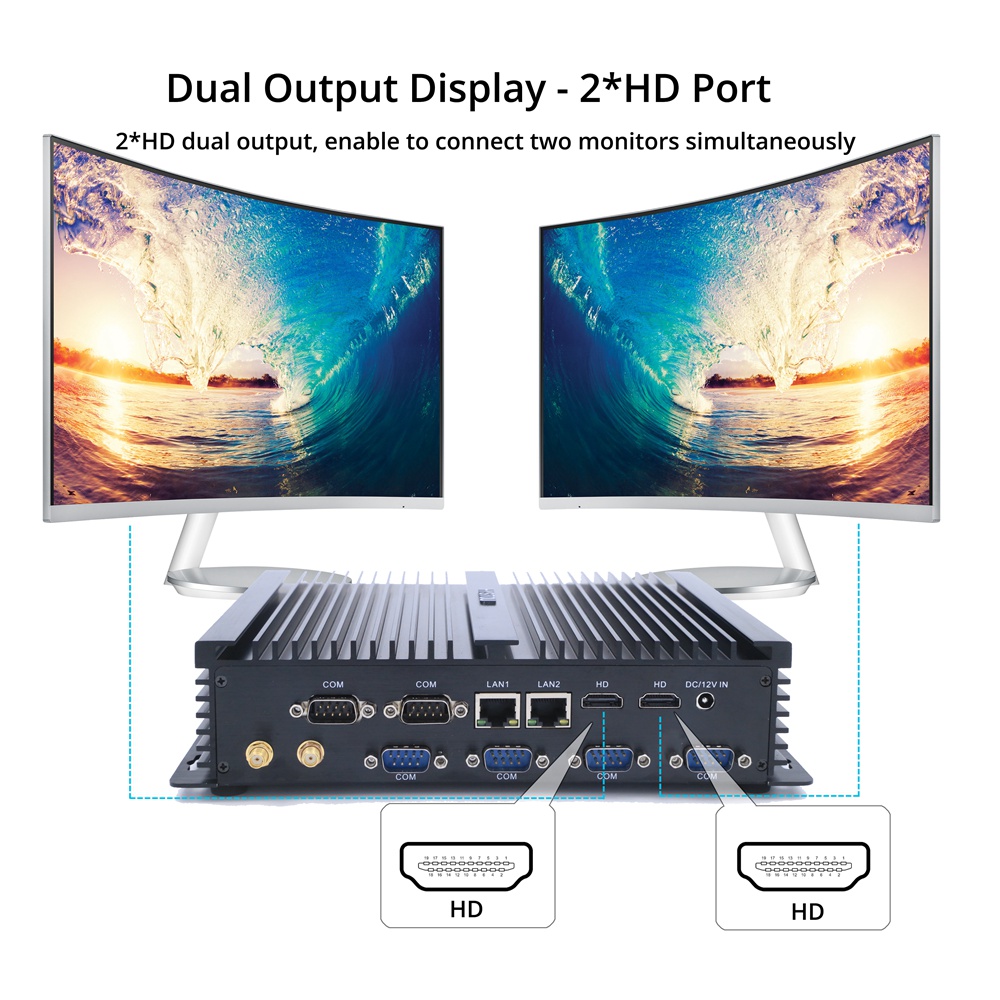 Hystou FMP04B Intel Core i7-5550U 8GB RAM 256GB SSD 4K Fanless Mini PC 2.4G WiFi Bluetooth Dual Gigabit LAN Dual HDMI 4*USB3.0 6*COM SATA