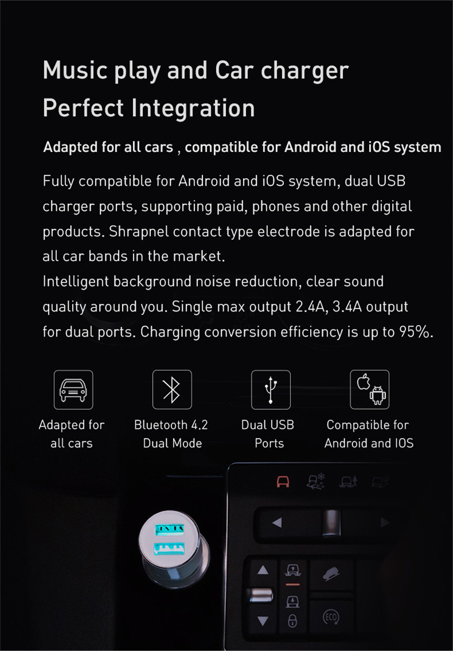 Original Xiaomi Roidmi 3S Bluetooth Car Charger Shrapnel Type Fit for All Car Brands Music Play FM Transmitter for Android&iOS - Black