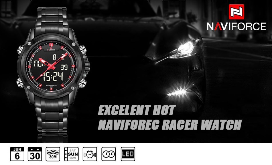 Naviforce 9050 Men Wrist Watch Water-resistant LED Digital Stainless Steel Band -Black+White