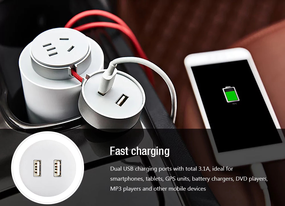 Xiaomi Mijia Car Power Inverter Car Socket Charger 100W With Dual USB Ports - White