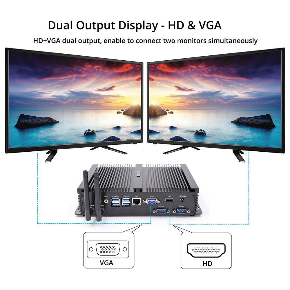 Hystou FMP04 Intel Core i3-5015U 4GB RAM 128GB SSD 4K Fanless Mini PC 2.4G WiFi Bluetooth Gigabit LAN 4*USB3.0 2*COM HDMI+VGA SATA3.0