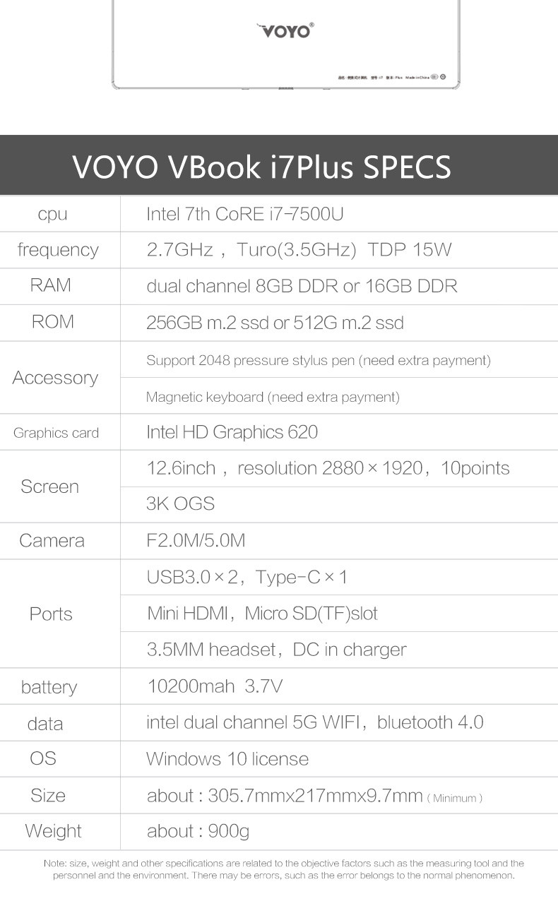 VOYO VBook I7PLus Tablet Intel Core i7-7500U Dual Core 12.6 Inch 3K IPS 2880*1920 8GB RAM 256GB SSD Windows 10 Dual Band Wifi - Black+Gray