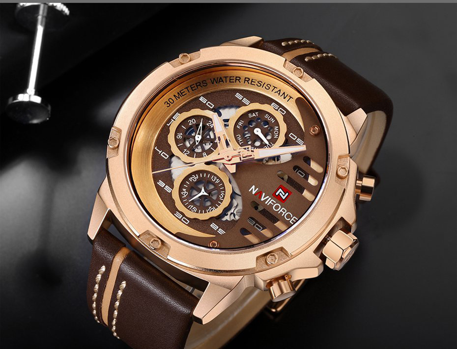 NAVIFORCE 9110 Quartz Wrist Watch Luxury Fashion 24 Hours Display Leather Strap Men Watches -Black+Khaki