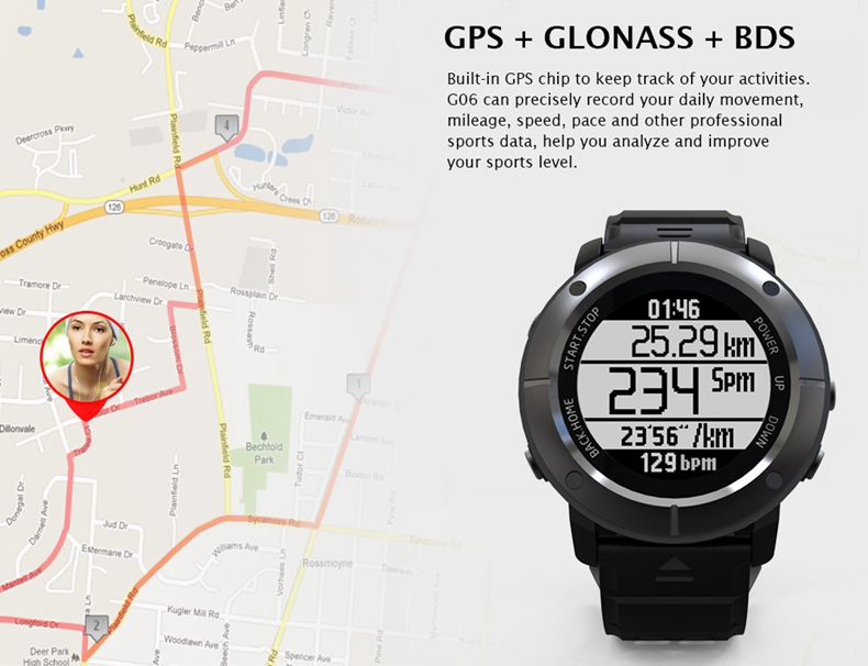 Makibes G06 Smartwatch Heart Rate Monitor IP68 Water Resistant GPS Sports Watch Compatible With IOS Android - Black