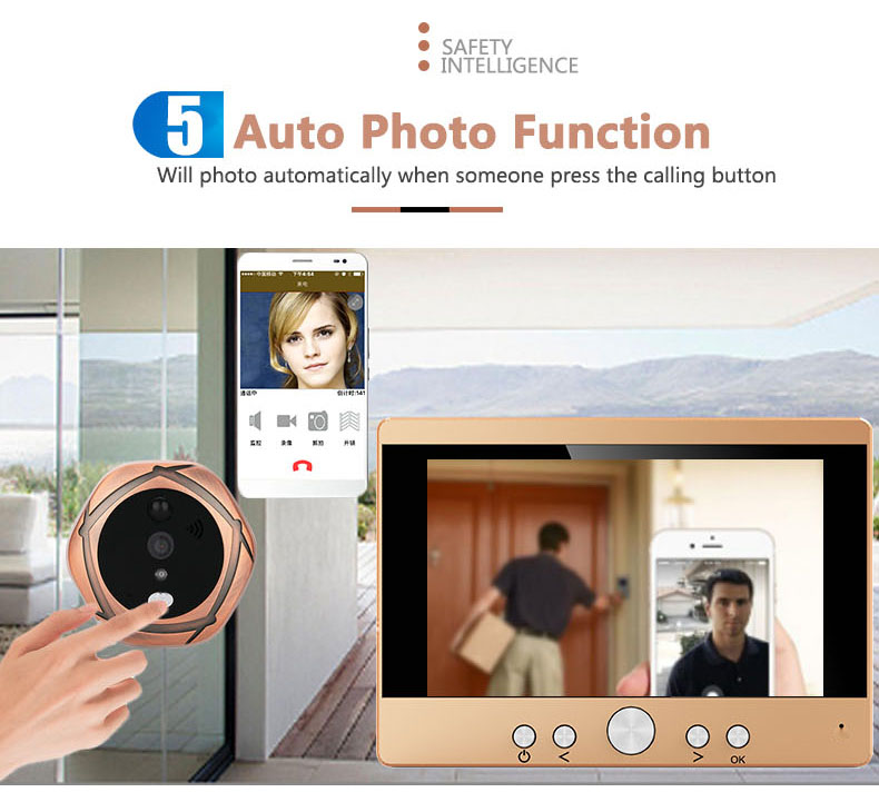 SY501 720P 5" WiFi Door Viewer Wireless Digital PIR Motion Detection IR Night Vision Pinhole Camera -Gold