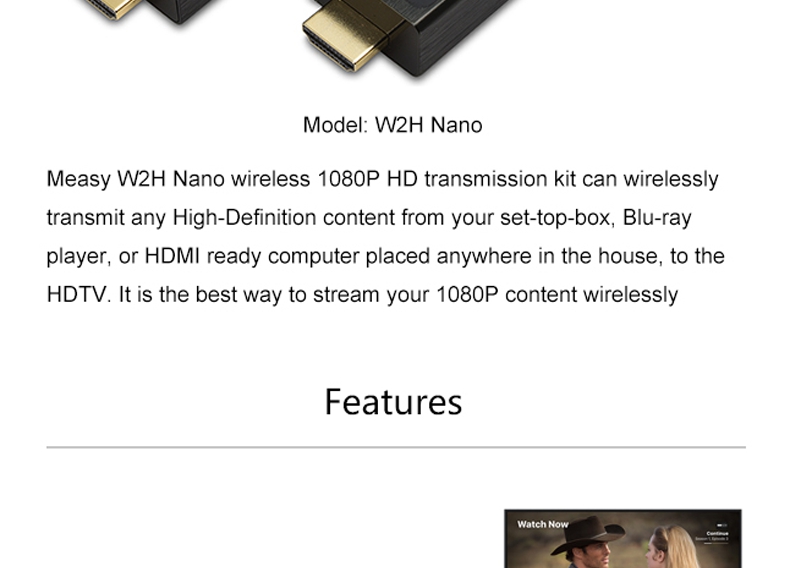 Measy W2H NANO Wireless HDMI Video Transmitter and Receiver 1080P 3D HDMI Extender 30M/100Feet Range