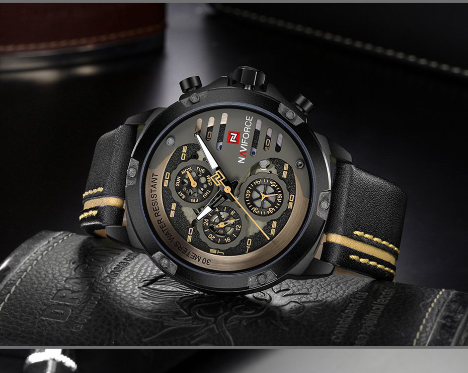 NAVIFORCE 9110 Quartz Wrist Watch Luxury Fashion 24 Hours Display Leather Strap Men Watches -Black+Khaki