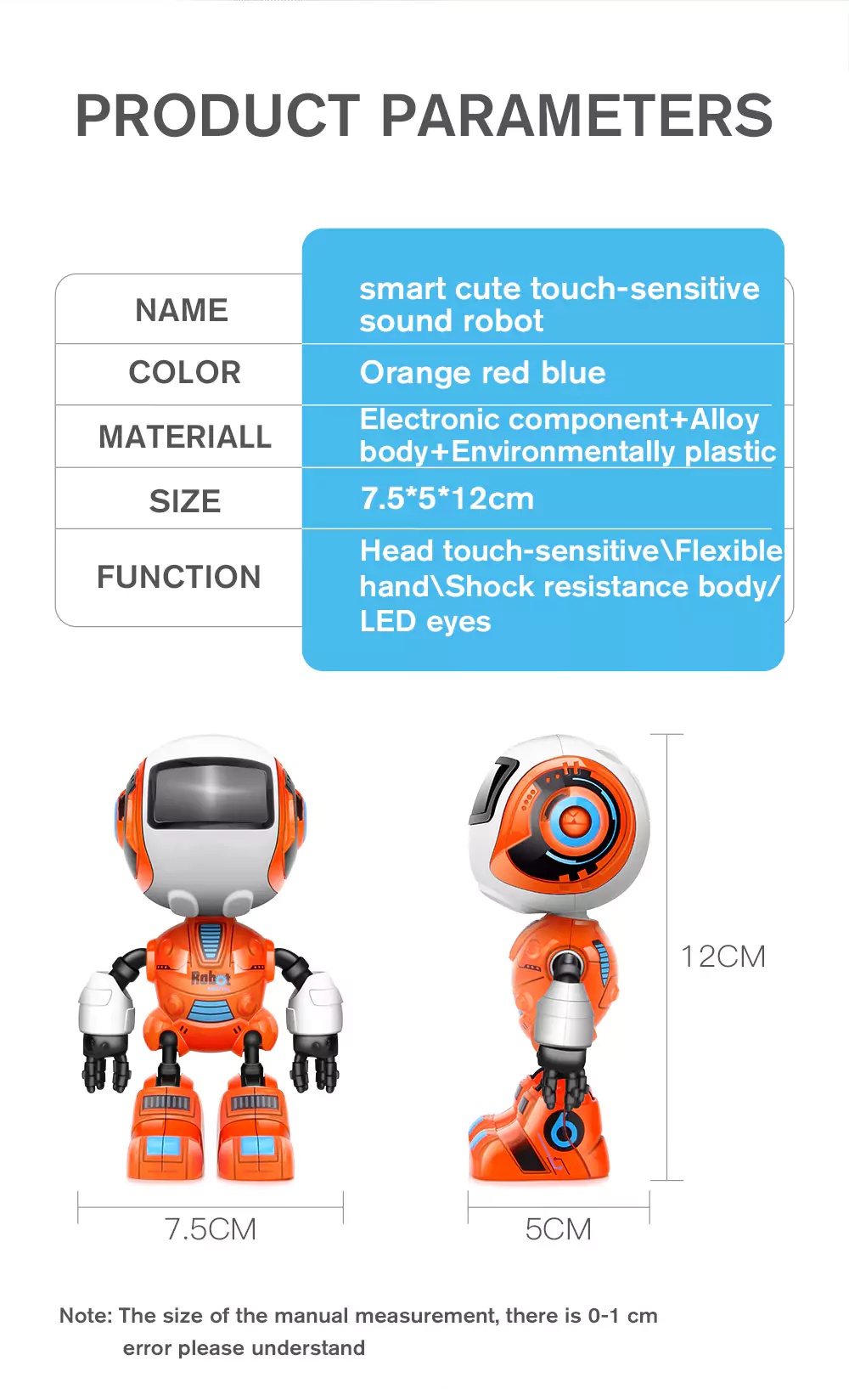 Smart Robot Toy Head Touch-Sensitive with LED Light for Kids - Orange