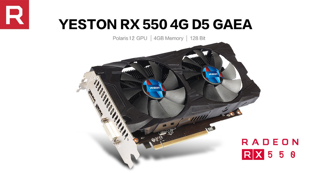 Yeston AMD RX550 4GD5 128Bit Graphics Card LED Backlit Double Fans With HDMI DP DVI Interface 512SP - Random Color Black / Red