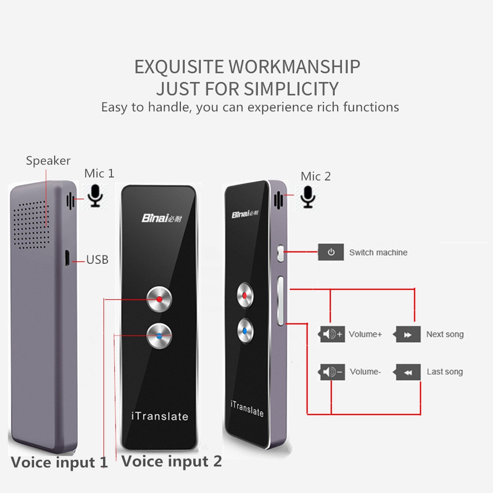 Binai VT1 Smart Voice Translator Real Time Speech Interactive Translation - Black