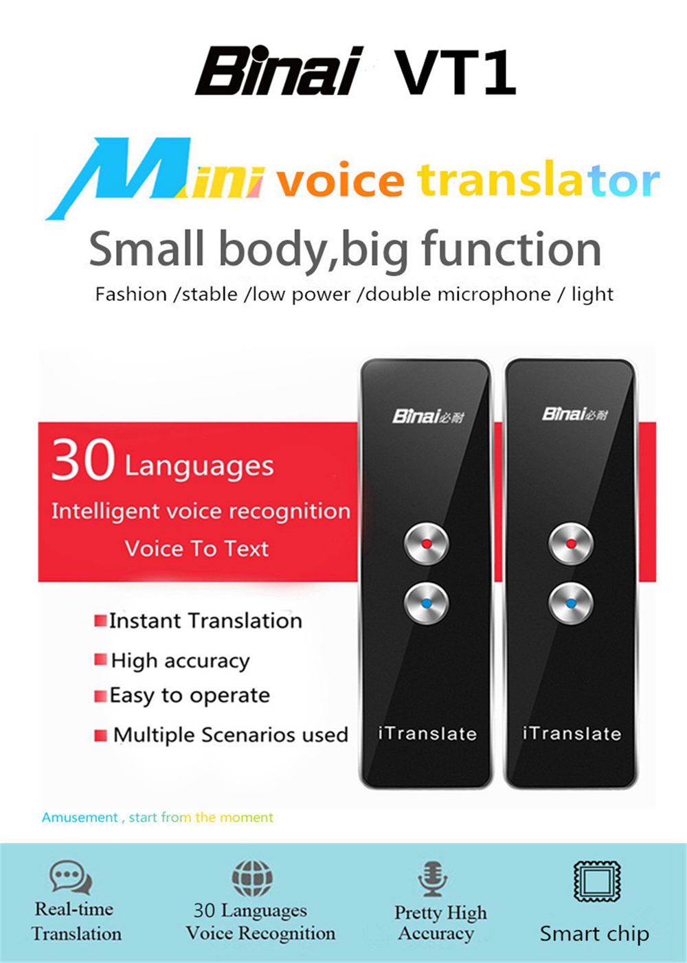 Binai VT1 Smart Voice Translator Real Time Speech Interactive Translation - Black