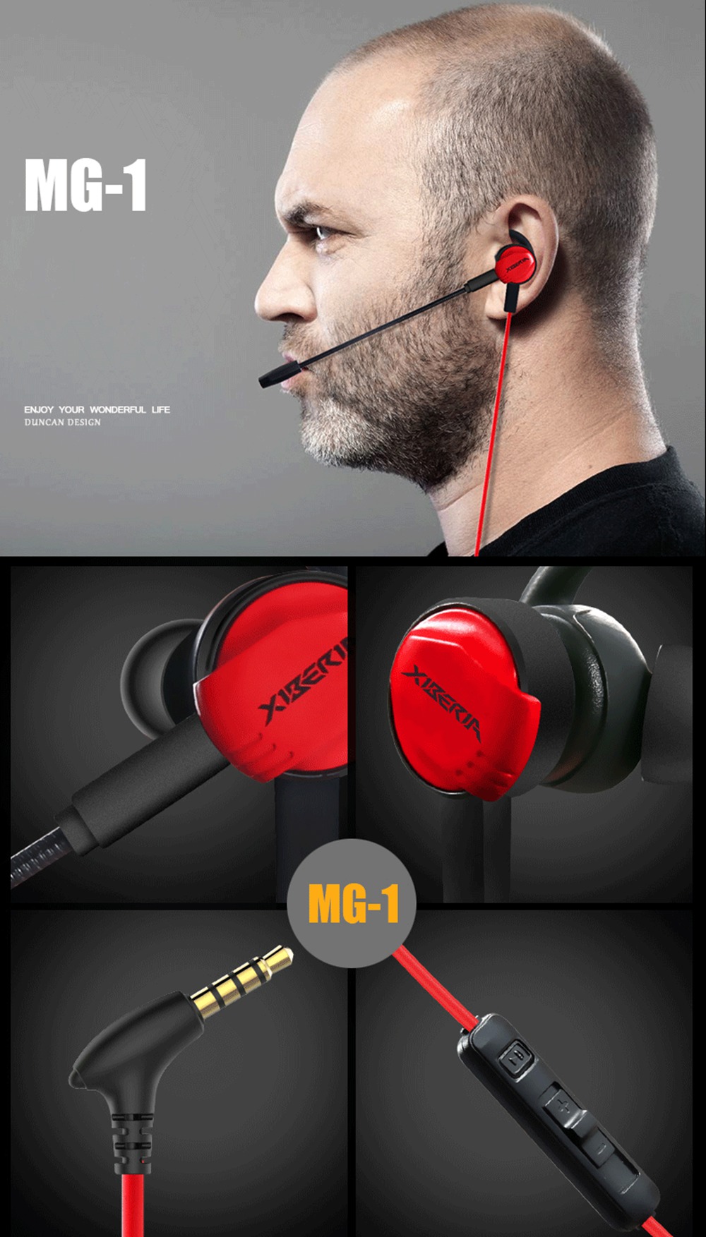 Xiberia MG-1 In-ear Gaming Headphones for PC Phone PS4 xbox one Mac with Microphone and Wire control -Black+red