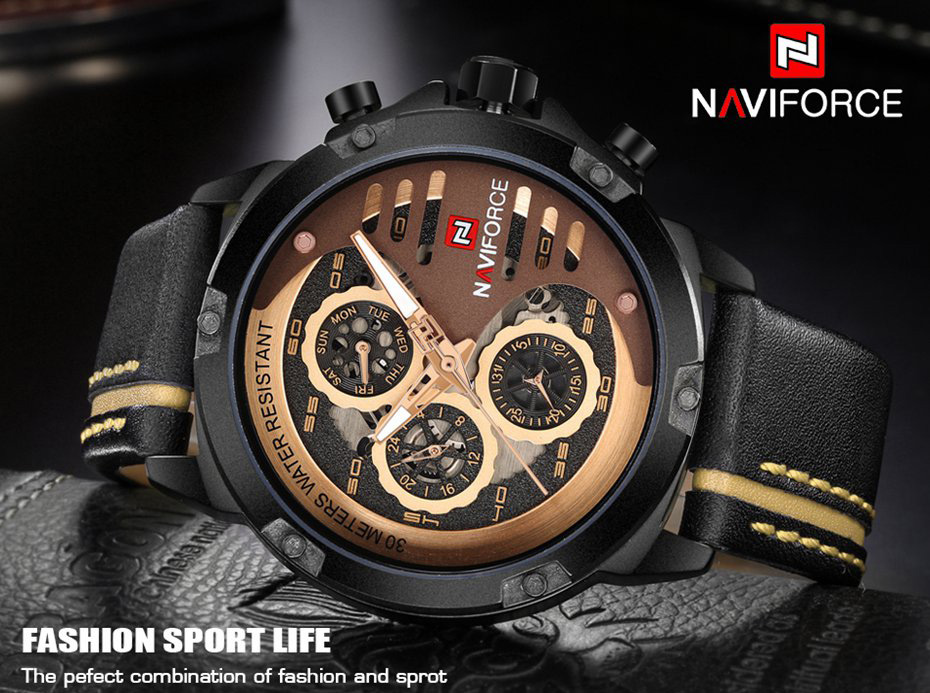 NAVIFORCE 9110 Quartz Wrist Watch Luxury Fashion 24 Hours Display Leather Strap Men Watches -Black+Khaki