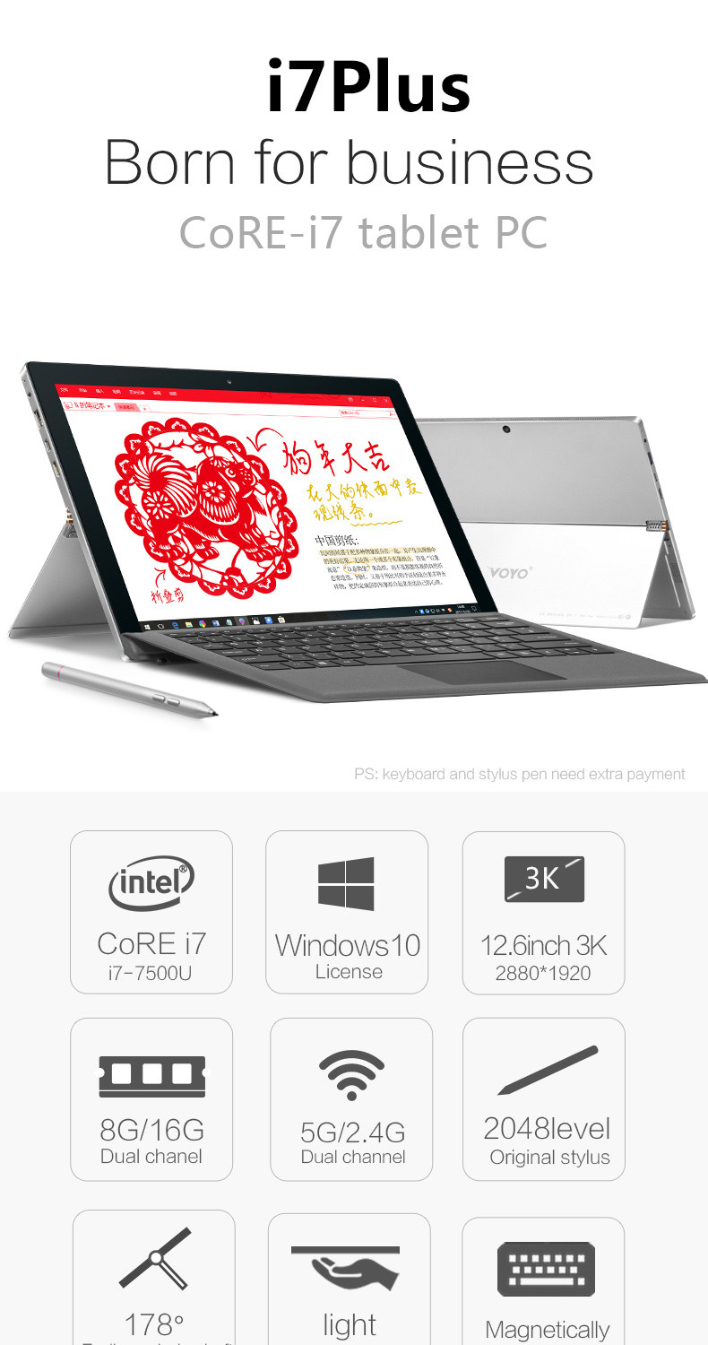 VOYO VBook I7PLus Tablet Intel Core i7-7500U Dual Core 12.6 Inch 3K IPS 2880*1920 8GB RAM 256GB SSD Windows 10 Dual Band Wifi - Black+Gray