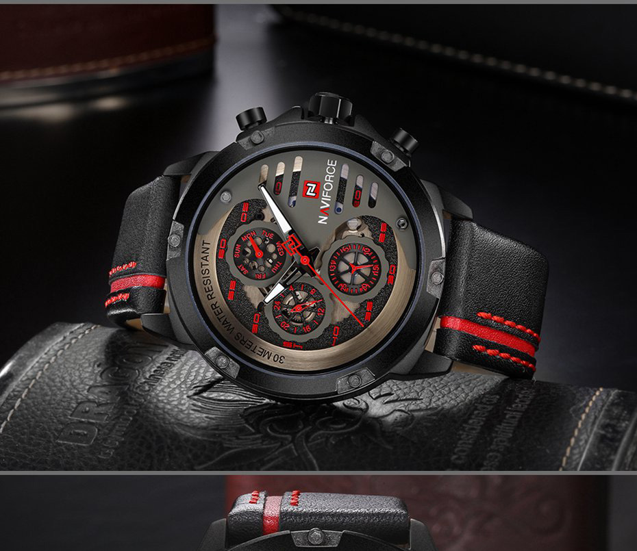 NAVIFORCE 9110 Quartz Wrist Watch Luxury Fashion 24 Hours Display Leather Strap Men Watches -Black+Khaki