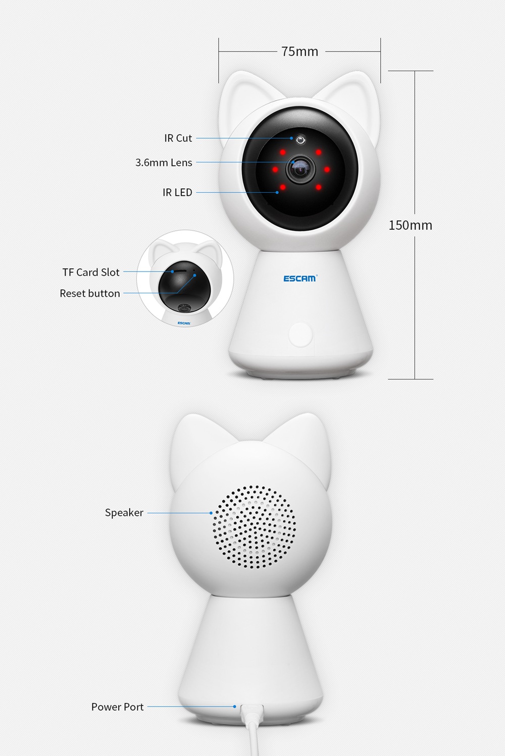 ESCAM QF509 1080P WiFi IP Camera Pan/Tilt Monitor IR ONVIF Network Camera Support Motion Detector Security Camera -White