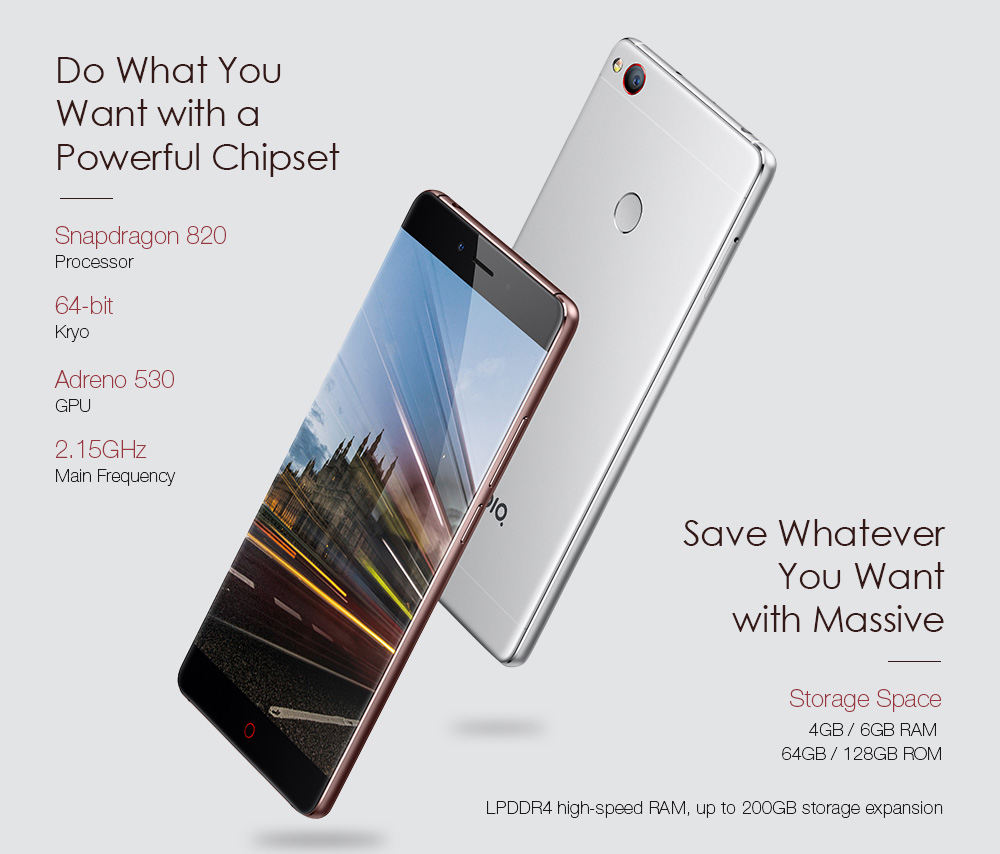 Nubia Z11 NX531J 5.5 Inch Smartphone aRC 2.0 Corning Gorilla Glass Screen 6GB 64GB Snapdragon 820 16.0MP Camera Touch ID Type-C NFC QC3.0 - White