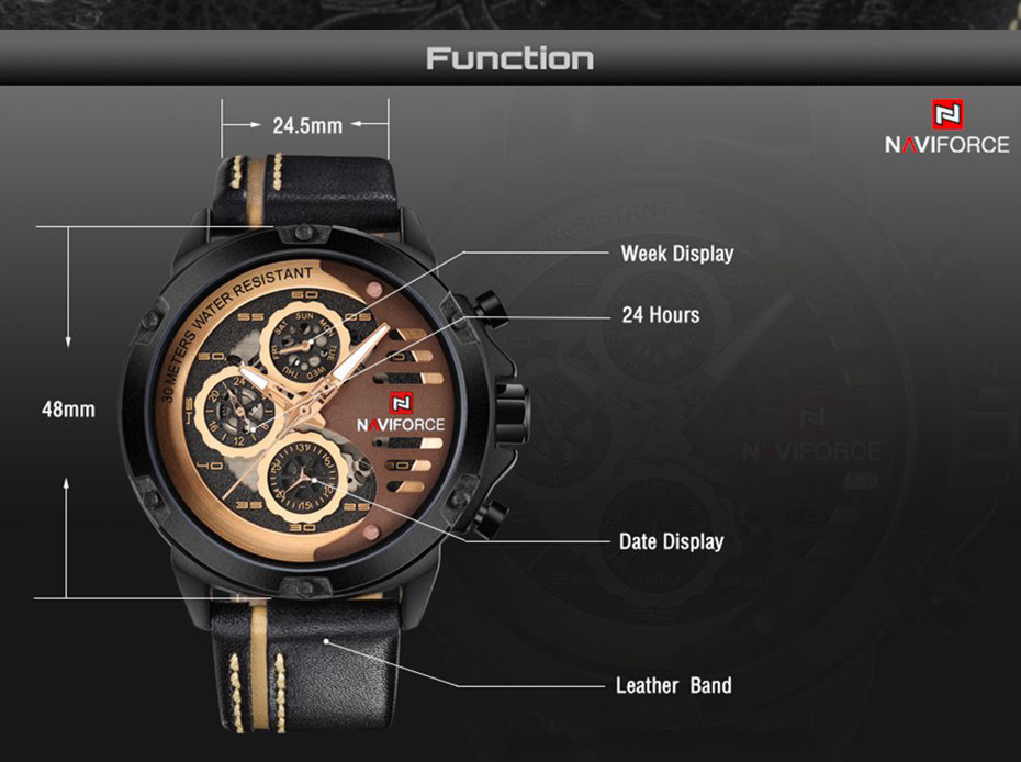 NAVIFORCE 9110 Quartz Wrist Watch Luxury Fashion 24 Hours Display Leather Strap Men Watches -Black+Khaki