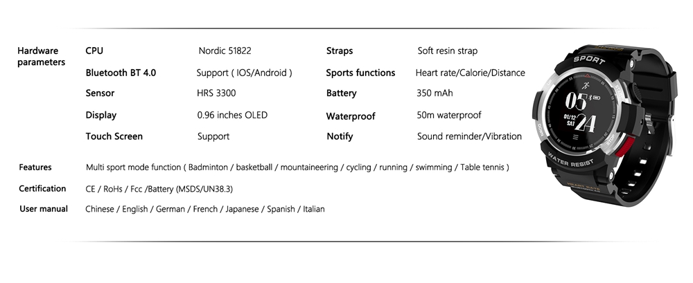 NO.1 F6 Smartwatch NRF51822 Chip IP68 Water Resistant Heart Rate Monitor Outdoor Sports Smartwatch Compatible With Android iOS - Silver