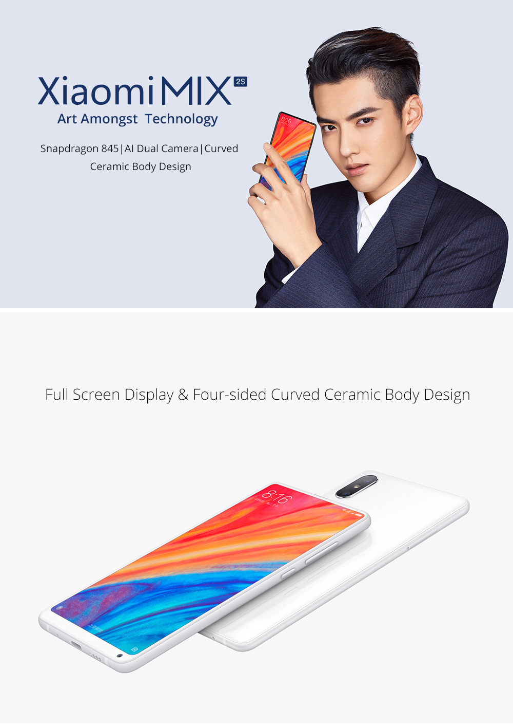 Xiaomi Mi Mix 2S 5.99 Inch 4G LTE Smartphone Qualcomm Snapdragon 845 Octa Core 8GB 256GB 12.0MP Dual Rear Cameras MIUI 9 Type-C Ceramic Body - White