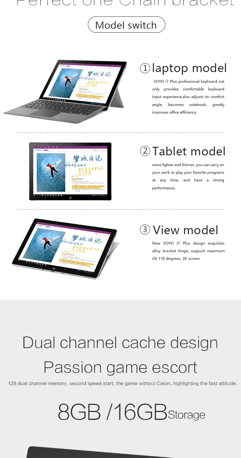 VOYO VBook I7PLus Tablet Intel Core i7-7500U Dual Core 12.6 Inch 3K IPS 2880*1920 8GB RAM 256GB SSD Windows 10 Dual Band Wifi - Black+Gray
