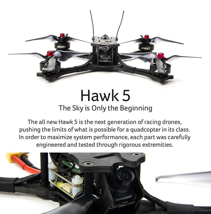 Emax 2135 BNF FrSky XM+ HAWK 5 FPV Racing Drone With F4 OSD BLHeli_S 30A Foxeer Arrow Micro V2 600TVL - Black