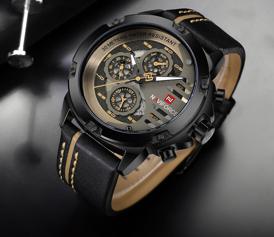 NAVIFORCE 9110 Quartz Wrist Watch Luxury Fashion 24 Hours Display Leather Strap Men Watches -Black+Khaki