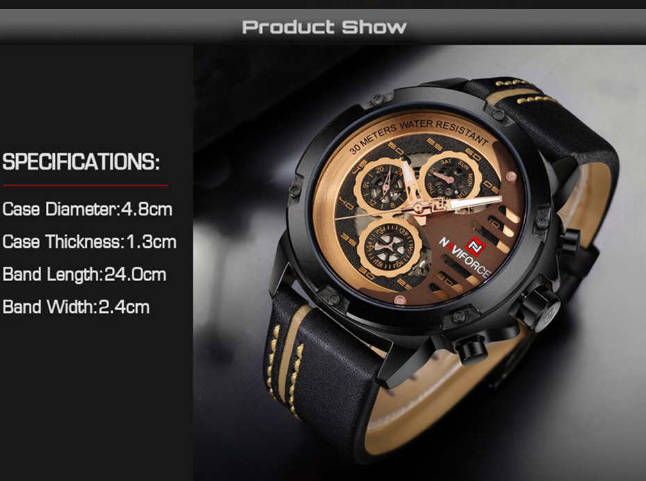 NAVIFORCE 9110 Quartz Wrist Watch Luxury Fashion 24 Hours Display Leather Strap Men Watches -Black+Khaki
