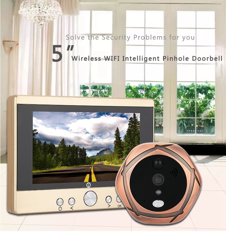 SY501 720P 5" WiFi Door Viewer Wireless Digital PIR Motion Detection IR Night Vision Pinhole Camera -Gold