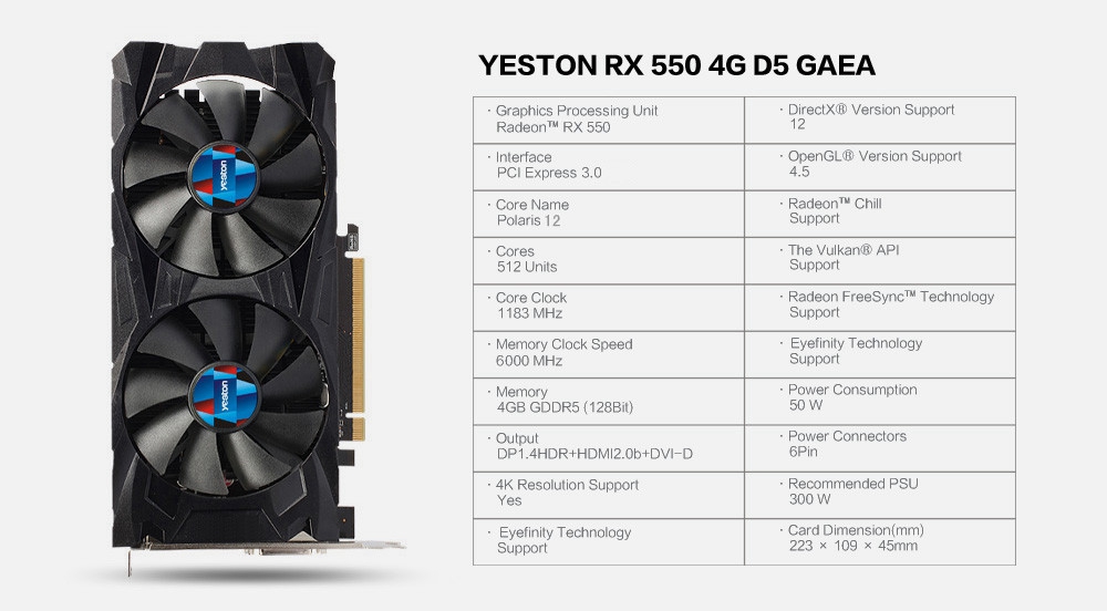 Yeston AMD RX550 4GD5 128Bit Graphics Card LED Backlit Double Fans With HDMI DP DVI Interface 512SP - Random Color Black / Red