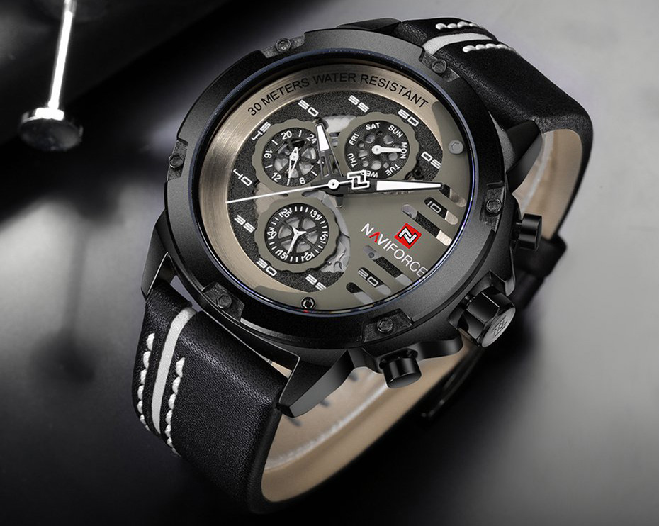 NAVIFORCE 9110 Quartz Wrist Watch Luxury Fashion 24 Hours Display Leather Strap Men Watches -Black+Khaki