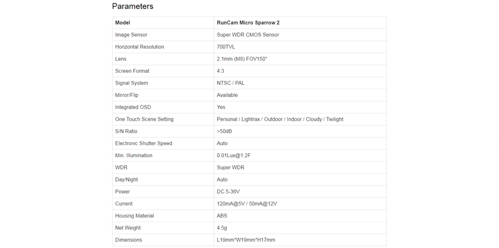 RunCam Micro Sparrow 2 FPV Mini Camera Super WDR OSD 2.1mm 700TVL CMOS Sensor FOV 150 Degree 4:3 - NTSC