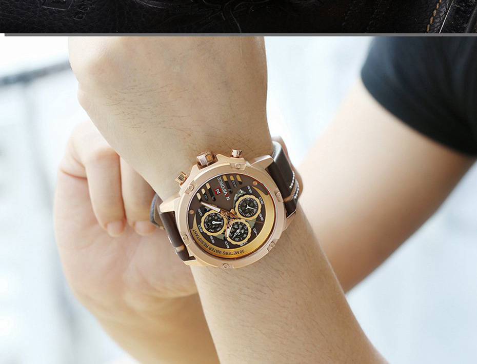 NAVIFORCE 9110 Quartz Wrist Watch Luxury Fashion 24 Hours Display Leather Strap Men Watches -Black+Khaki