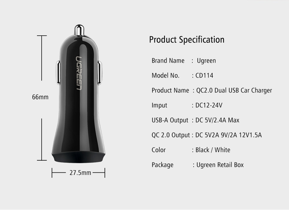 Ugreen Car USB Charger Quick Charge 2.0 Port USB Fast Car Charger - White
